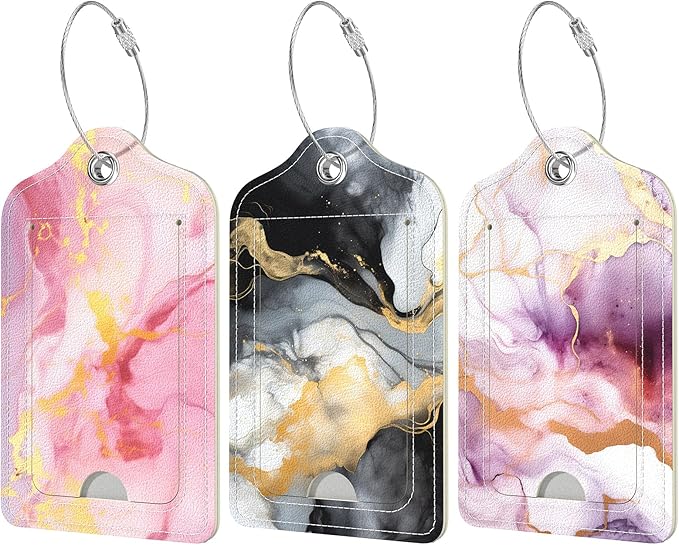 Rimilak 3 Pcs PU Leather Luggage Tags for Suitcase, Travel Cruise Luggage Tag with Privacy Flap, Name ID Label and Metal Loop for Women Men Baggage Handbag School Bag Backpack, Pink Gold Marble