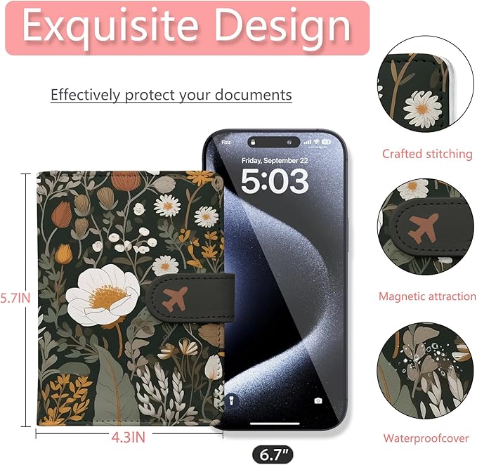 Passport Holder, Travel Wallet Cover with Pen Loop | Cute RFID Blocking Leather Case with Magnetic Closure for Travel Essentials-flower
