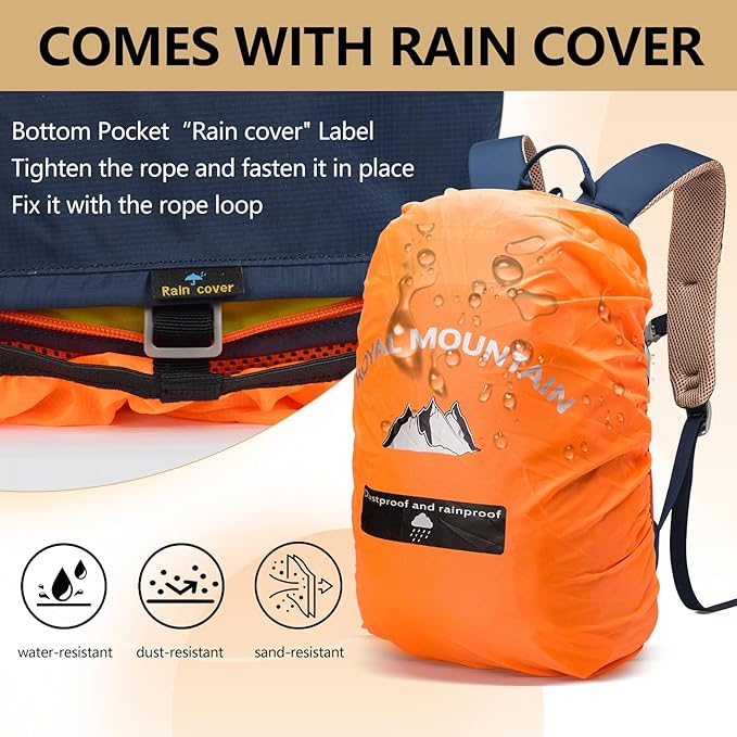 Hiking Backpack With Rain-cover, 30L Travel Backpacks For Women Men, Camping Daypack Backpacks Lightweight, Durable Hiking Backpack Fit For Camping, Daily Commuting, Short Trips (Navy Blue)