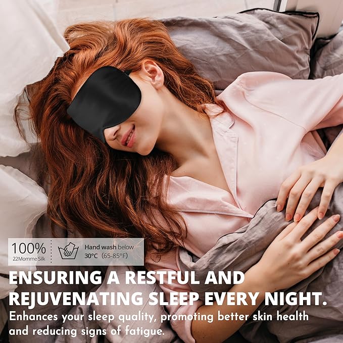 Silk Sleep Mask 100% 22 Momme Mulberry, Sleep Eye Mask for Women Men, Blackout Blindfold with Adjustable Strap, Side Sleeper Eye Cover, Soft Eyeshade Filled with Premium Mulberry Silk (Black)