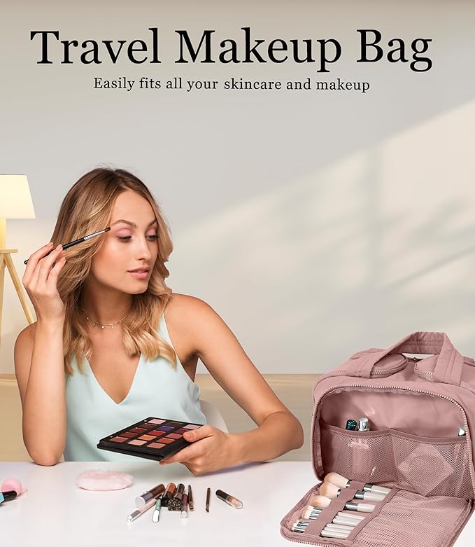 Travel Toiletry Bag for Women, Large Wide-open Puffy Cosmetic Makeup Bag with Wet-Dry Separation, Multi-Pocket Organizer with Carry Handle for Toiletries, Cosmetics, Essentials, Dark Pink