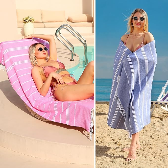 2 Pack Pink+Dark Blue Striped Turkish Weave Cotton Beach Towels, Super Absorbent & Quick Dry, Sand Free & Soft, Oversized 39 x 72 Inches, Adults Travel Towels