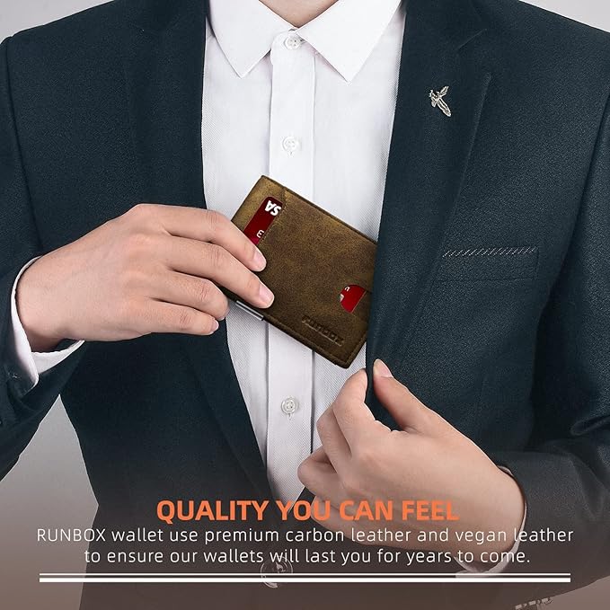 RUNBOX Slim Wallets for Men - Leather Money Clip Mens Wallet - RFID Blocking Front Pocket Bifold Wallet - Minimalist Credit Card Holder with Gift Box