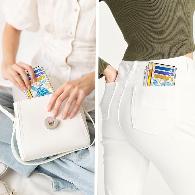 Tipmile Credit Card Holder for Women Slim Minimalist Front Pocket RFID Blocking Wallet Small Compact Card Case with ID Window, Watercolor Turtle