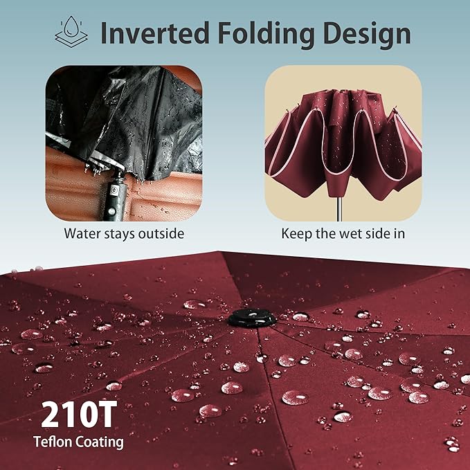 Urvoix Travel Umbrella Compact Windproof - Vented Double Canopy Umbrellas for Rain, Portable Umbrella Inverted Automatic Open Close with Reflective Strip