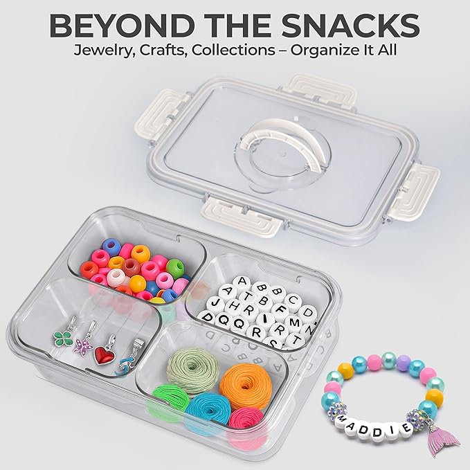 Snackle Box Container with Lid- Travel Charcuterie Box with Handle - Organizer for Candy, Fruit, Nuts, Veggies, Snacks, Beach Essentials, Portable Lunch Box (Clear, Small)