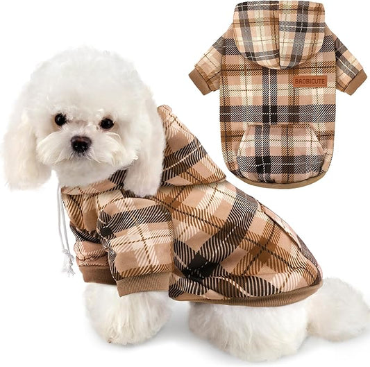 BAOBICUTE Dog Basic Hoodie Soft Dog Clothes Cold Weather Sweaters for Medium Large Dogs Cozy Fabric Warm Sweatshirt with Leash Hole (Khaki Plaid, S (Back: 12.6",Chest:18.11", Neck: 13.78"))