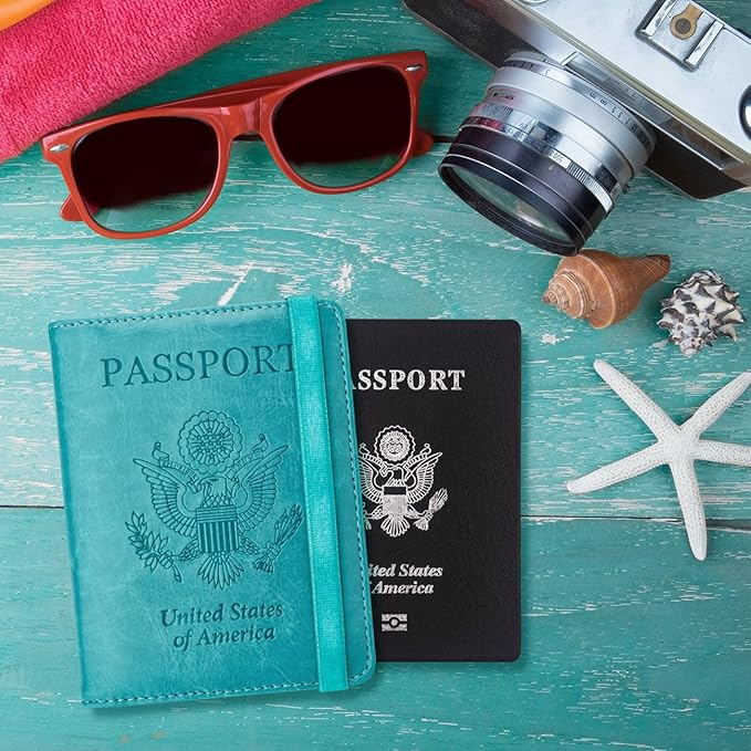 WALNEW Passport Holder for Travel, RFID Passport Cover Wallet for Women Men, PU Leather Passport Book Card Holder Case with Pen, Travelling Essentials for Flying