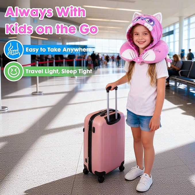 Travel Neck Pillow with Hood for Kids Adult Cute Soft Plush Memory Foam Airplane Neck Pillow for Traveling Animal Flight Pillow Head Rest Neck Support for Cars Long Flights
