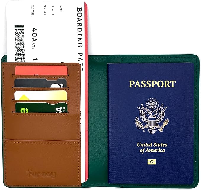 Passport holder for travel, Genuine Nappa Leather Passport Cover with RFID blocking. A must-have Airport Travel safety essentials for both men and women.(Green/Brown)