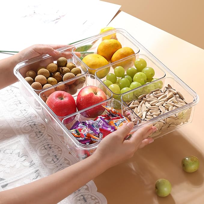 Taiuloo Divided Serving Tray with Airtight Lid and Handle, 6 Compartment Snackle Box Container, Portable Snack Platters, Clear Fridge Organizer & Food Storage for Veggie, Fruit, Charcuterie, Nuts