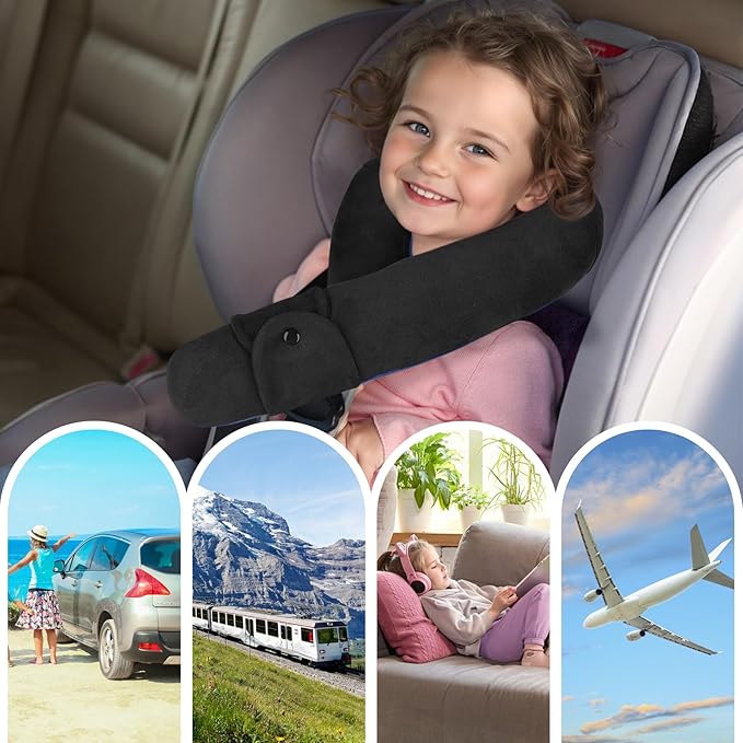 Kids Travel Neck Pillow, Comfortable Head & Chin Support for Car seat & Airplane, Toddler Pillow for Sleeping on Road Trip, Gifts for Child (Black & Light Blue)