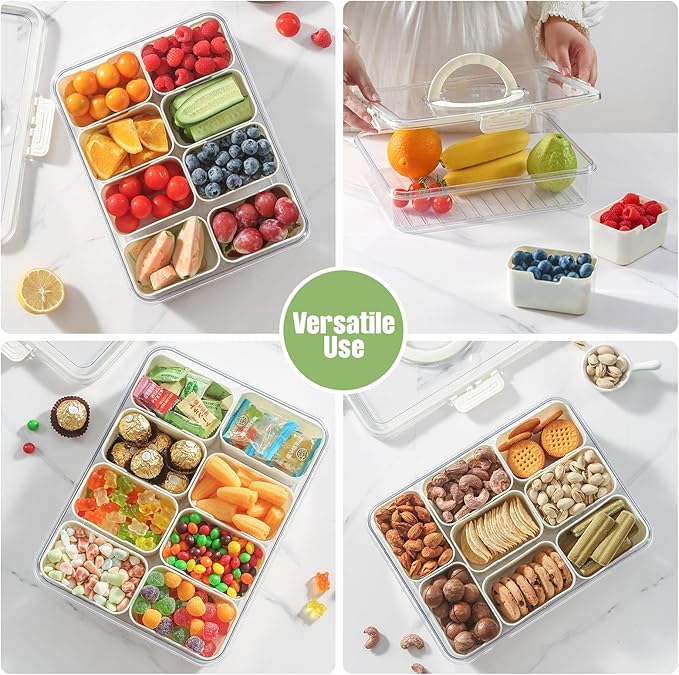 Snackle Box Container with Lid and Handle, Upgraded BPA-Free PP, Portable Divided Snack Tray for Travel, Picnic, Party, Camping, Beach, and Road Trips Large Size 11.8"x8.8" Clear and White