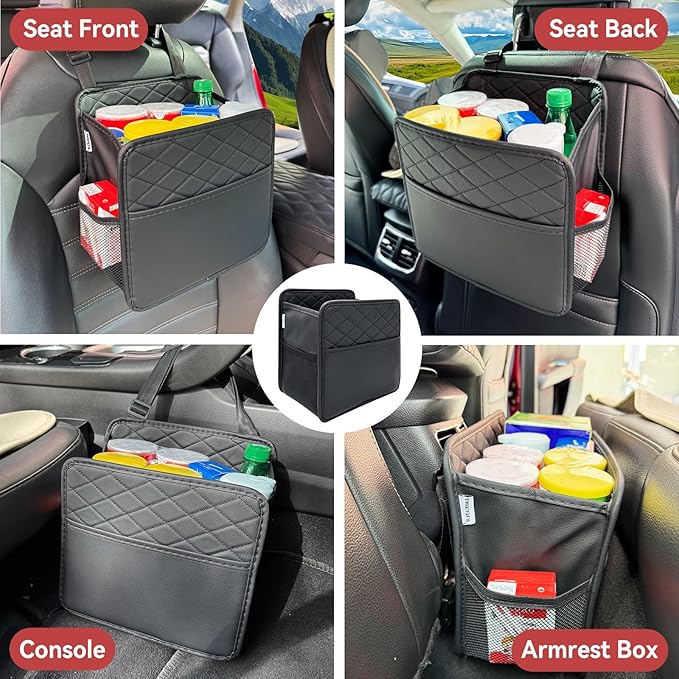 2 Pack Upgraded Car Seat Organizer Backseat with Storage Pockets, Multipurpose Car Organizer Hanging Car Trash Bag Premium PU Leather Garbage Can 2.14 Gallon Large Capacity Accessories Black