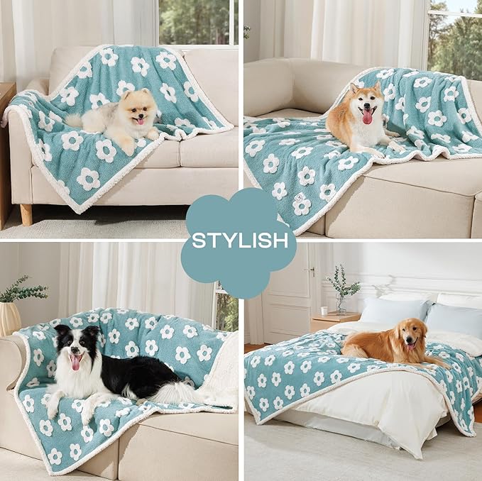 Luciphia Waterproof Pet Blanket for Medium Large Dogs Washable Fluffy Thick Jacquard Shag Fleece Warm Sherpa 3D Textured Flower Print for Cats Puppy Couch Protection (Blue,57x40 inches)