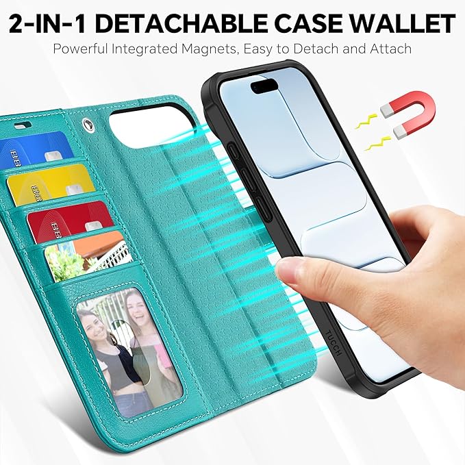 TUCCH Detachable Case Wallet for iPhone Air (6.5") 2025, Wrist Strap | 4 Card Slots RFID Blocking | Wireless Charging | Stand | 2-in-1 Magnetic | PU Leather | Shockproof Folio Cover | Cyan