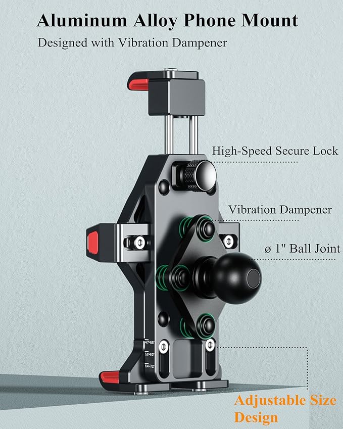 BRCOVAN 1'' Ball Aluminum Alloy Phone Mount Holder with Vibration Dampener, for Motorcycle ATV UTV Car Bike Boat Truck Scooter Fit for RAM Mounts B Size 1'' Ball Double Socket Arm, for 4.7-7.2'' Phone