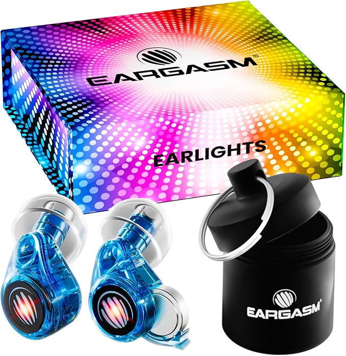 Eargasm Earlights Light Up High Fidelity LED Earplugs for Concerts, Festivals, Raves, Musicians, Sports Events, Live Entertainment for Safe Noise Reduction (Premium Gift Box Packaging)