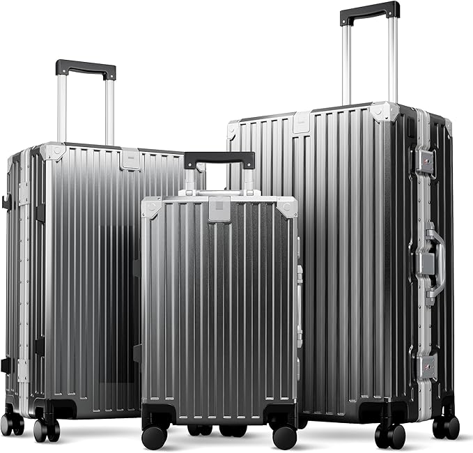 ALPHA CAMP 3 Piece Luggage Sets With Layer Dual Aluminum Frame,TSA Spinner Wheels, 3-Layer PC Hardside Carry on and Checked Lightweight Zipperless Suitcase Sets,Type-C USB Charging Port Cup Holder