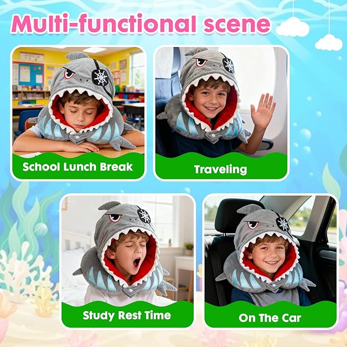 Travel Neck Pillow with Hood for Kids Adult Cute Soft Plush Memory Foam Airplane Neck Pillow for Traveling Animal Flight Pillow Head Rest Neck Support for Cars Long Flights