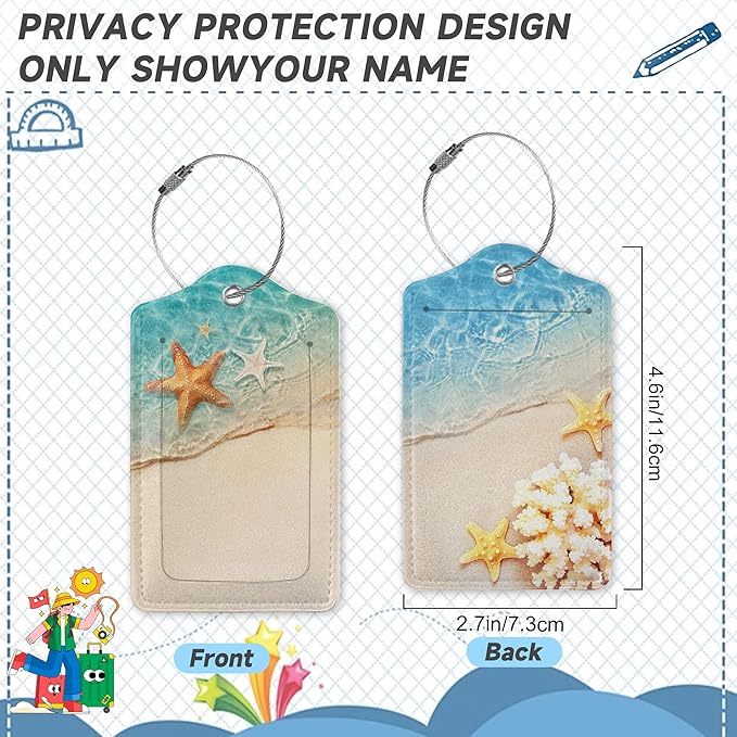 Starfish Sand Beach Luggage Tags,2 Pack Travel Cruise Tags for Suitcases, Cute Identifiers with Privacy Flap, Baggage Tags for Women Men Handbag