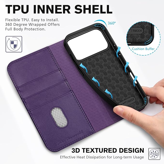 TUCCH Wallet Case for iPhone 17 Pro Max (6.9") 2025, 3 Credit Card Slot | RFID Blocking | Stand | PU Leather | Protective Flip Folio Cover | Shockproof TPU Interior Shell | Dark Purple