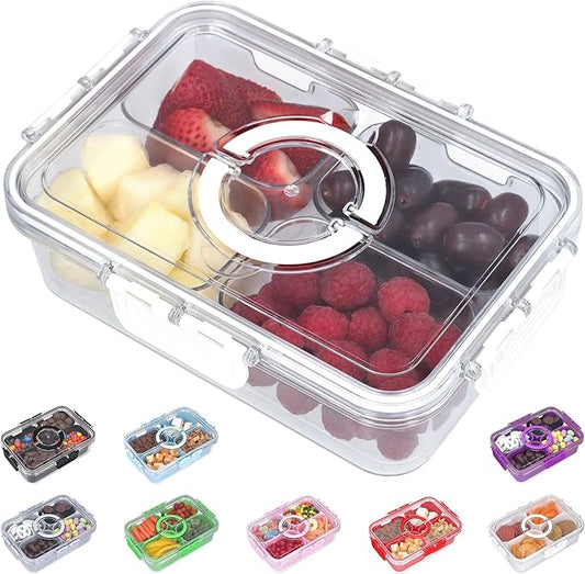 Snackle Box Container with Lid- Travel Charcuterie Box with Handle - Organizer for Candy, Fruit, Nuts, Veggies, Snacks, Beach Essentials, Portable Lunch Box (Clear, Small)