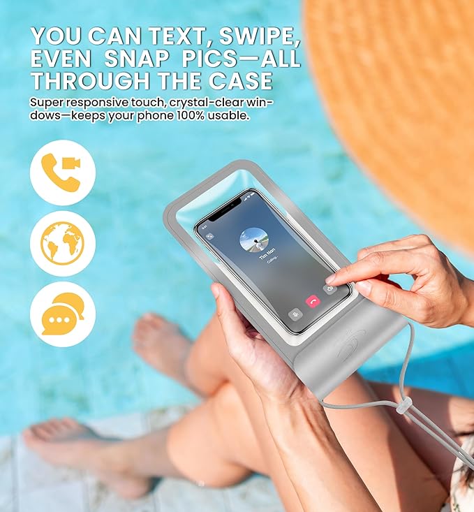 HiRui Universal Waterproof Phone Pouch with Touch Screen, IP68 Waterproof Phone Case Dry Bag for Beach, Compatible with iPhone 16/Pro/Plus/Max/15/14, Galaxy S24+/25+, Fits up to 6.9" (Silver, X-Large)