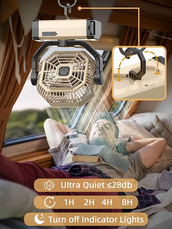 Camping Fan Rechargeable - 9-Inch Battery Powered Fan, 20000mAh(60Hrs) Battery Operated for Camping, Auto Oscillation Cordless, Tent Fan with Remote/Light, 4 Speeds, 4 Timing, Outdoor