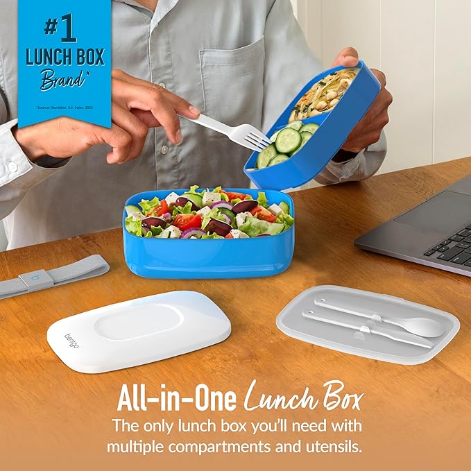 Bentgo Classic - Adult Bento Box, Stackable 3-Compartment Lunch Box with Removable Utensil Set and Sealing Strap, BPA-Free, Food Container Ideal for Meal Prep, Work, and On the Go (Blue)