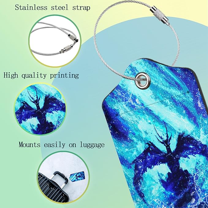 2 Pack Luggage Tag for Suitcases Blue Dragon Glowing PU Leather Bag Travel Suitcase ID Identifier Baggage Tags for Women Men Travel