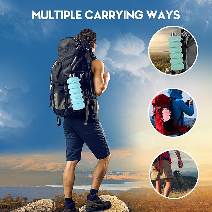 JaneJu Collapsible Water Bottle, 32oz BPA Free Silicone Reusable Portable Lightweight Foldable Water Bottles with Carabiner, Leak Proof Sports Water Bottle with Stainless Twist Cap (Black)