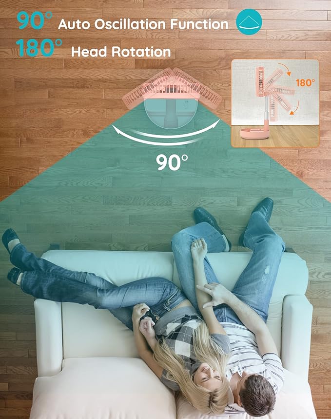 Primevolve Portable Oscillating Standing Fan,Rechargeable Battery Operated USB Floor Table Desk Fan with Remote, Bedroom Camping Travel Fans Pink 7.7"