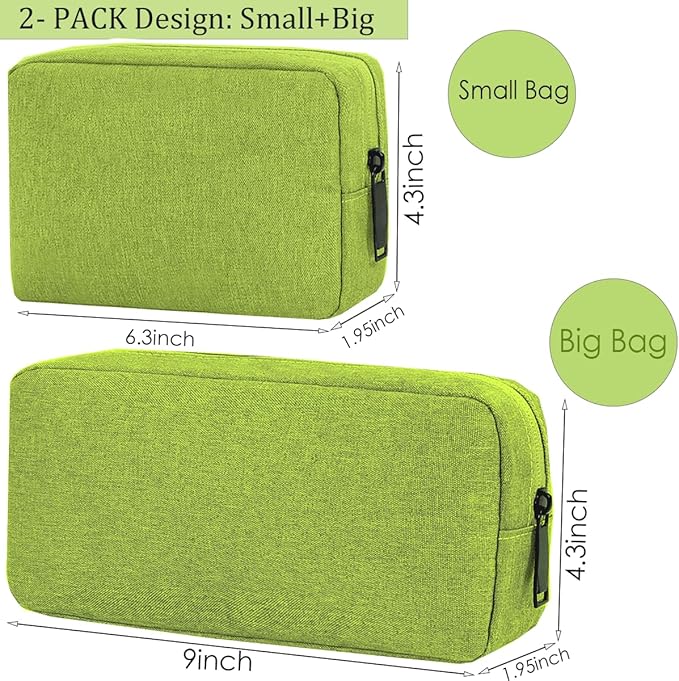 Electronics Accessories Organizer Pouch Bag, Electronic Organizer Travel Case Cord Storage Bag for Laptop Mouse Charger, Cable, Power Bank, Hard Drive, Various Accessories (Small+Big, Green)