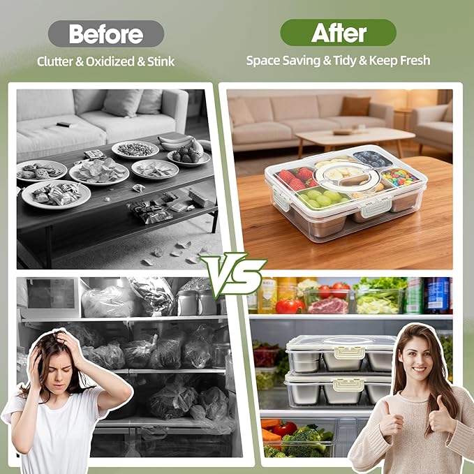 Snackle Box Container, Divided Serving Tray with Lid and Handle, Portable Snack Box with 304 Stainless Steel Container, 6 Compartments Snak Platter for Veggie, Fruit, Perfect for Party Picnic Office