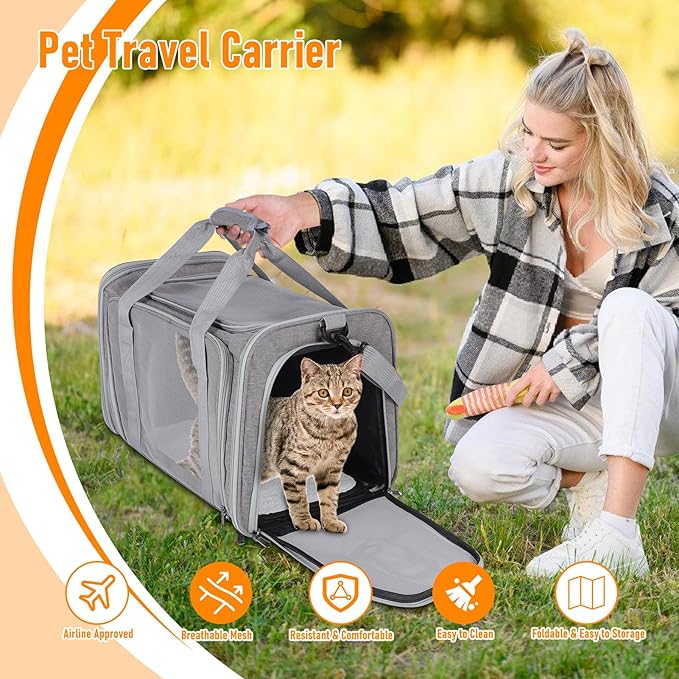 Pet Portable Travel Carrier Bag for Cats Dogs, Mesh Travel Puppy Carrier, Oxford Fabric Large Capacity Breathable Soft-Sided Animals Carrier with Mat Shoulder Strap (Grey)