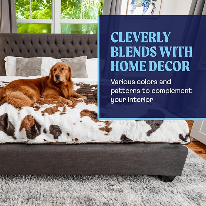 PAW BRANDS PupProtector Waterproof Throw Blanket for Dogs and Cats, Pet Blanket Cover for Couches, Sofas, Beds, Car Seats, Furniture, Calming Soft Faux Fur, Brown Cowhide, Large (80" L x 62" W)