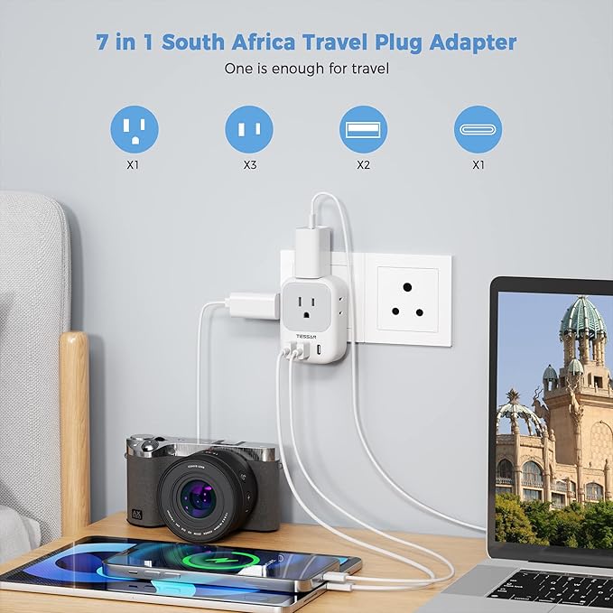 TESSAN South Africa Power Adapter, Type M Plug Adaptor with 4 American Outlets 3 USB Charger (1 USB C Port) for US to Bhutan Botswana Namibia Nepal