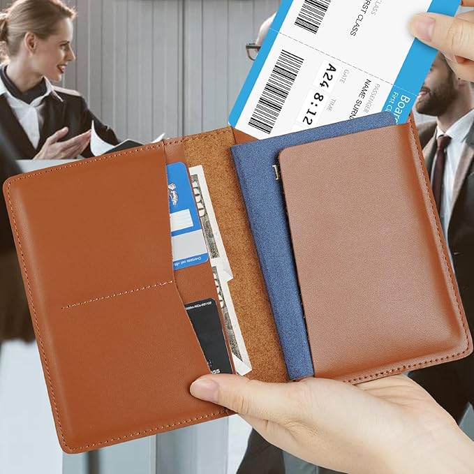 Full Grain Leather AirTag Passport Holder Wallet Cover for Men and Women Travel, Passport Holder with AirTag Slot Passport Wallet, Travel Essentials Genuine Leather Passport Cover Gifts (Brown)