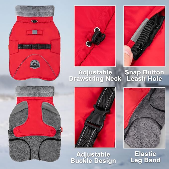 KYEESE Waterproof Dog Coat, Windproof Warm Winter Jacket with Thick Fleece Lined, Turtleneck Dog Coats for Small Dogs with Leash Hole, Reflective Outdoor Cold Weather Coat, Red, Medium