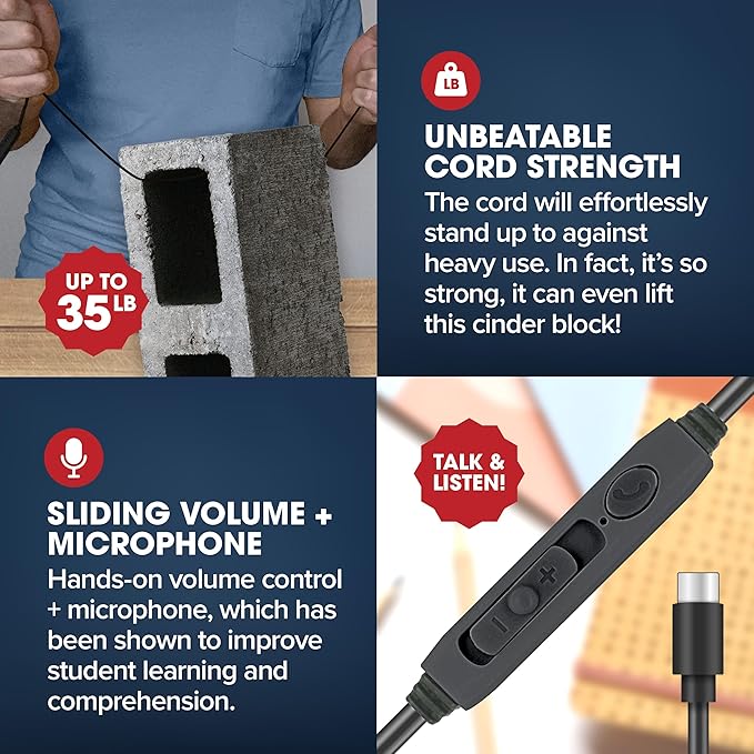 SENTRY Bulk Rugged School Headphones, Durable for Kids, Students, Teachers, Classrooms, 3.5mm or USB-C Jack Options, Optional Boom Mic for Online Learning (24 Count - USB C With Inline Mic, 24, Count)