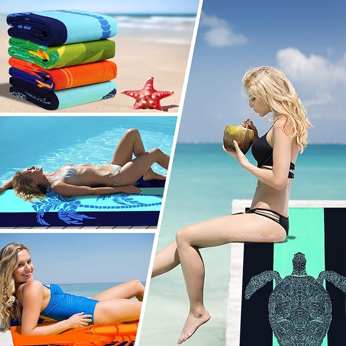 4 Packs Oversized Thin Beach Towel Set XL Extra Large Big 36 x 72 in Clearance Swim Travel Towels Soft Blanket for Adult Women Men Chair Cover Accessories Essentials Sharks Flamingos Turtles Lobsters