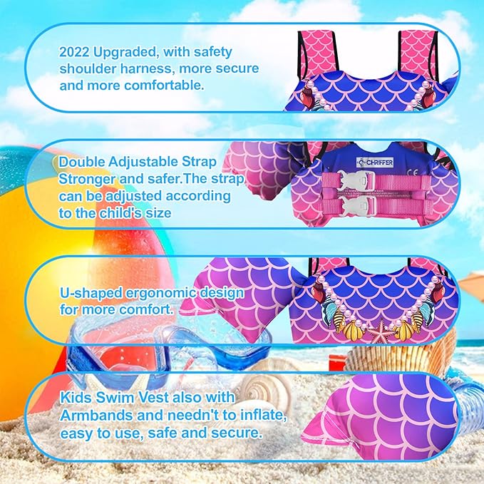 Chriffer Kids Swim Vest Life Jacket for 30-55 Pounds Boys and Girls, Toddler Floaties with Shoulder Harness Arm Wings for 2,3,4,5,6,7 Years Old Baby