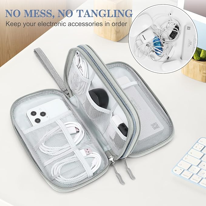 FYY Electronic Organizer, Travel Cable Organizer Bag Pouch Electronic Accessories Carry Case Portable Waterproof Double Layers Storage Bag for Cable, Charger, Phone, Earphone, Medium Size- Light Grey