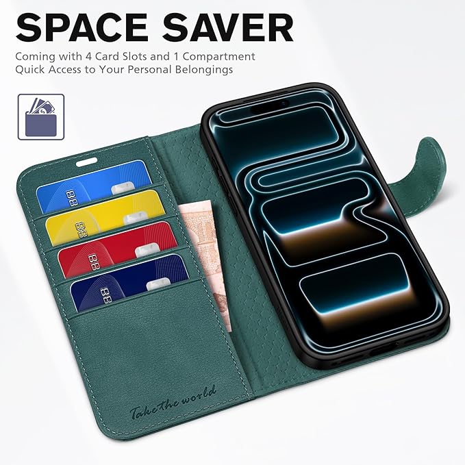 TUCCH Wallet Case for iPhone 17 Pro Max (6.9-Inch) 2025, 4 Card Holders, RFID Blocking, Stand, Shockproof TPU Shell, PU Leather, Magnetic Closure, Protective Flip Folio Cover, Teal Blue