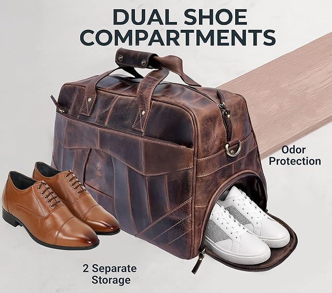 Leather Duffle Bag for Men - Travel Overnight Weekender Bag with 2 Shoe Compartment - Airplane Underseat Carry On Duffel Bag