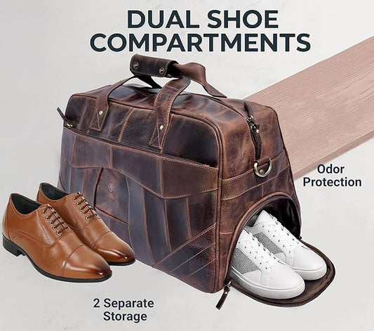 Leather Duffle Bag for Men - Travel Overnight Weekender Bag with 2 Shoe Compartment - Airplane Underseat Carry On Duffel Bag