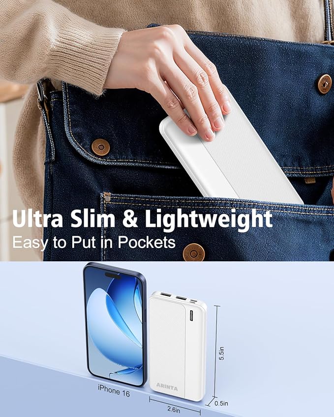 5V 2A Battery Pack Power Bank for Heated Vest, Heated Jackets, Heated Pants, 10000mAh Pocket Size Portable Charger for Heated Clothing, USB Heated Blankets, Heated Coats. (White)