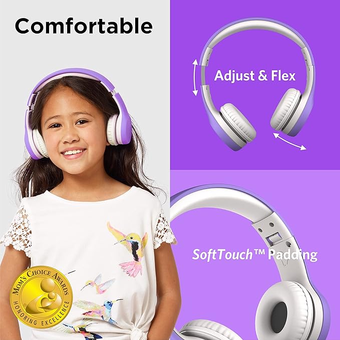 LilGadgets Connect+ Foldable Headphones, Adjustable Fit Soft Touch Padding for Kids with Mic, Volume-Limited & Noise Reduction On-Ear Wired Headset for School with SharePort - Purple, Ages 3-14