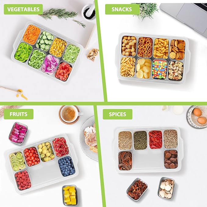 Snackle Box Container, Stainless Steel Divided Serving Tray with Lid and Handle, 8 Compartment Portable Snack Platters - Clear Storage Organizer for Fruit Candy Nuts Veggie - Perfect for Travel Party